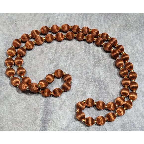 Vintage Brown Silk Beaded Necklace With Gold Tone Accents - Picture 5 of 5
